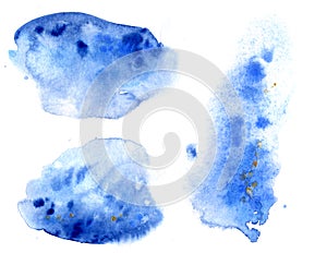 Set of sky blue watercolor stain. Spots on a white background. Watercolor texture with brush strokes