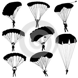 Set skydiver, silhouettes parachuting vector