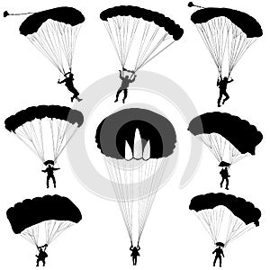 Set skydiver, silhouettes parachuting vector