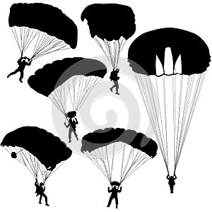 Set skydiver, silhouettes parachuting vector illustration