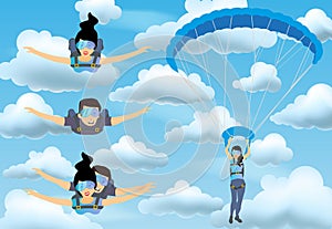 Set of skydivers parachutist characters. Skydiver man and woman flying in the blue cloudy sky. Tandem skydiving.