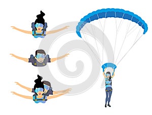 Set of skydivers parachutist characters. Skydiver man and woman flying. Tandem skydiving.