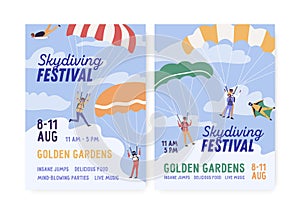 Set of skydiving festival poster vector flat illustration. Announcement extreme sport holiday with place for text