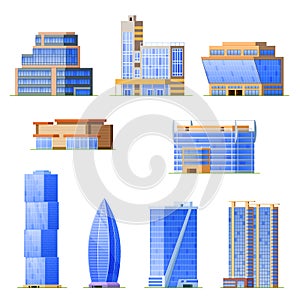 Set of skyscraper urban office buildings, modern high-rise architectural structures.