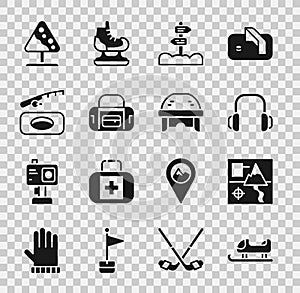 Set Sled, Folded map, Winter headphones, Road traffic signpost, Sport bag, fishing, avalanches and Hockey helmet icon