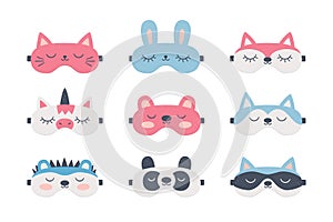 Set of sleep masks for eyes with cute animals. Night accessory to healthy sleep, travel and recreation