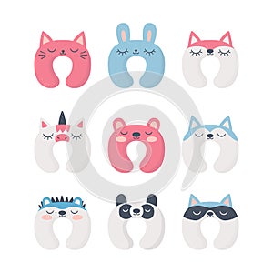 Set of sleep neck pillows with cute animals. Night accessory to healthy sleep, travel and recreation.