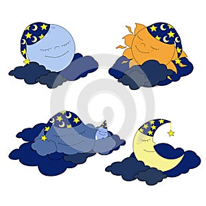 Set of sleeping moon, sun and cloud in night caps. Cartoons cute heavenly objects. Vector illustration of good-natured characters