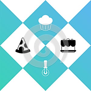 Set Slice of pizza, Pizza knife, Cupcake and Cake icon. Vector