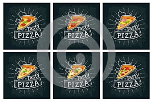 Set slice pizza Pepperoni, Hawaiian, Margherita, Mexican, Seafood, Capricciosa. Flat icon