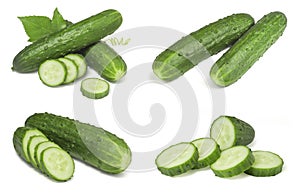 Set of sliced cucumber isolated on white background. Fresh vegetables ingredients.