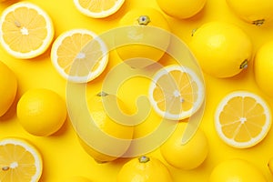 A set of sliced lemon and lemon isolated Healthy fruits and vegetables composition on pastel yellow background. Generative AI