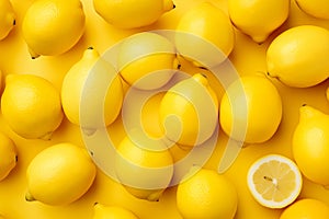 A set of sliced lemon and lemon isolated Healthy fruits and vegetables composition on pastel yellow background. Generative AI