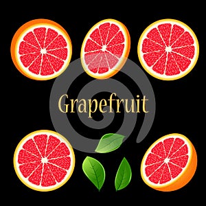 Fresh red grapefruit slices. for design.isolated on black. In a realistic style. The close-up. Juicy tropical fruits.Ripe tasty