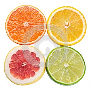 Set of slices of orange, grapefruit, lime, and lemon isolated on white photo