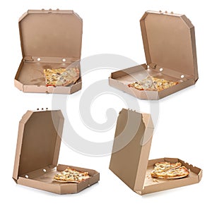Set with slices of pizza in cardboard boxes on white background. Food delivery