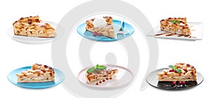 Set with slices of traditional apple pies on white background, banner design