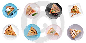 Set with slices of traditional apple pies on white background, top view. Banner design