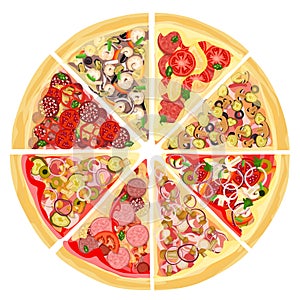 A set of slices of a variety of pizza. Isolated on a white background. Sausage, meat, seafood, fresh and pickled vegetables,