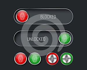 Set of sliders, switches and buttons red and green.