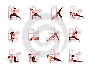 Set of slim athletic young woman doing yoga or fitness. Healthy lifestyle vector illustration. Collection of female