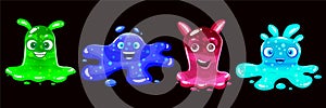 Set Slime jelli monsters characters, liquid green red cyan blue creatures. Funny cute cartoon vector illustration on