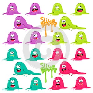 Set of slimes in different colors and with different emotions. Vector characters in cartoon flat style. Funny monsters