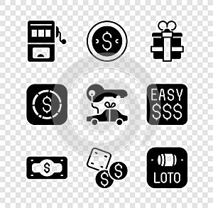 Set Slot machine, Coin money with dollar, Gift box, Stacks paper cash, Game dice, Lottery ticket, and Car gift icon