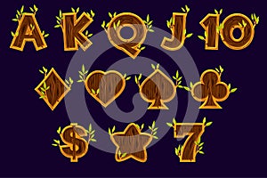 Set Slot machine icons. Gaming icons of card symbols for slot machines or casino in wooden texture. Game casino, slot