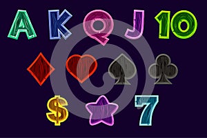 Set Slot machine icons. Gaming icons of card symbols for slot machines or casino in wooden texture. Game casino, slot