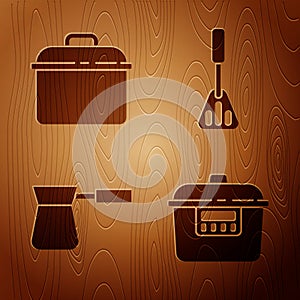 Set Slow cooker, Cooking pot, Coffee turk and Spatula on wooden background. Vector