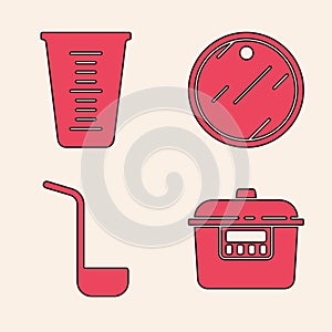 Set Slow cooker, Measuring cup, Cutting board and Kitchen ladle icon. Vector