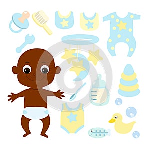 Set a small baby African or AfricanAmerican newborn or first year of life and baby items: mobile, comb, feeding bottle.