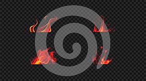Set of small burning fire. Vector design elements.