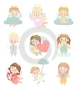 Set small cute boys and girls angels vector illustration