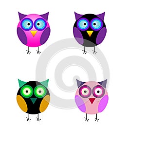 Set of small cute cartoon colorful isolated owls