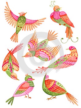 Set of small cute watercolor paradise birds. Fairytale hand painted illustration. Isolated on white