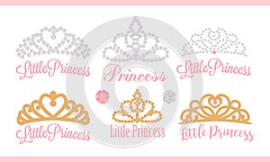 A set of small diadems. Vector design element for royal party baby, bridal shower; wedding: birthday Princess gold crown with g