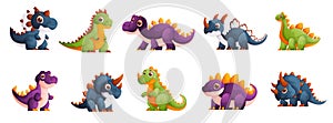 Set of small dinosaurs in green, blue and purple. Ancient inhabitants of the earth. Cute Dinosaurs of different types