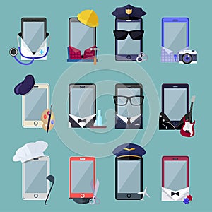 Set of Smarphone in Costume Different Professions photo