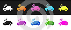 Set Smart car system with wireless connection icon isolated on black and white background. Remote car control. Vector