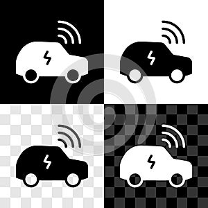 Set Smart car system with wireless connection icon isolated on black and white, transparent background. Remote car