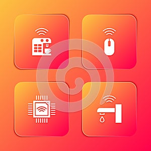 Set Smart coffee machine, Wireless mouse, Processor with microcircuits CPU and water tap icon. Vector