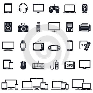 Set of smart devices and gadgets: phones, computer equipment and electronics icons