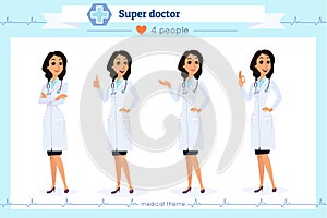 Set of smart doctor presenting in various action, isolated on white.Flat cartoon style.Hospital medical team.People character