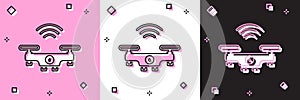 Set Smart drone system icon isolated on pink and white, black background. Quadrocopter with video and photo camera