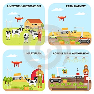 Set of Smart farm backgrounds. Agricultural and livestock automation