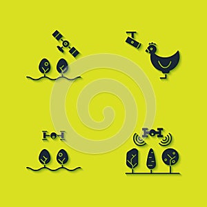 Set Smart farm with drone, , and Chicken and camera icon. Vector