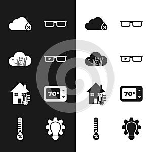 Set Smart glasses, Internet of things, Humidity, Glasses, House temperature, Thermostat, Light bulb and gear and icon