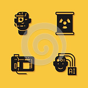 Set Smart glasses on spectacles, Humanoid robot, Motherboard and Radioactive waste in barrel icon with long shadow